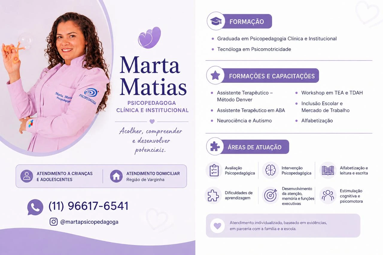 Imagem de apresentação profissional fornecida para a Psicopedagoga Marta Matias
